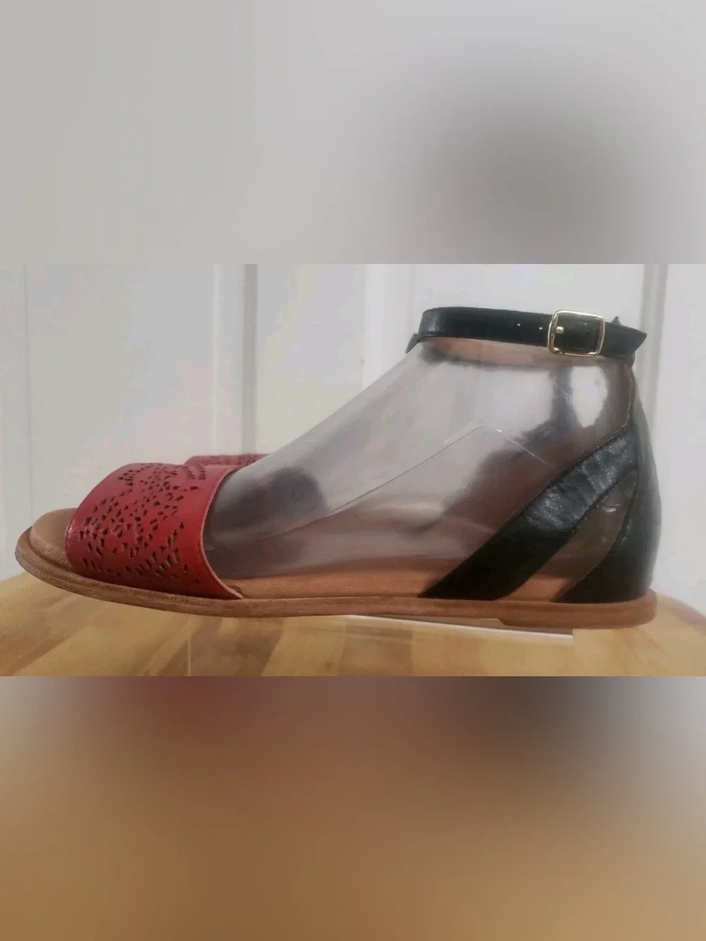 Red Laser-Cut Ankle-Strap Flat Sandals